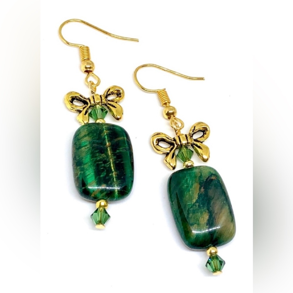 Green Tiger's Eye Stone Rectangle and Crystal Gold Bow Knot Earrings Christmas
